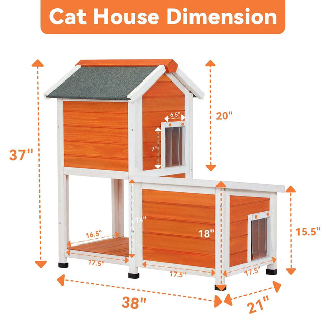 Dimension chart shows an outdoor cat house at 38 x 21 x 37 inches, with labeled entry flaps and upper and lower compartment sizes.