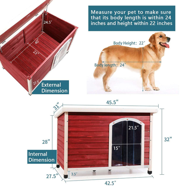 Size guide shows large red weatherproof dog house dimensions, with roof-open view and fit reference for a medium-large dog.