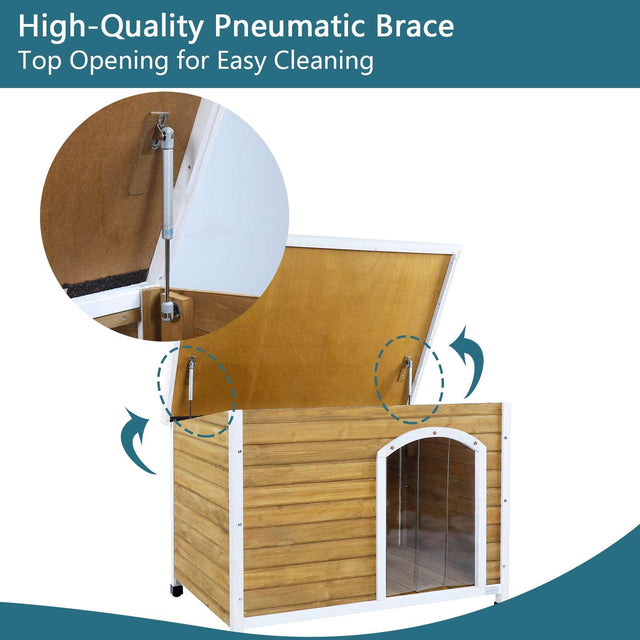 Wooden dog house with hinged roof lifted open, highlighting pneumatic braces that hold the top for easy interior cleaning.