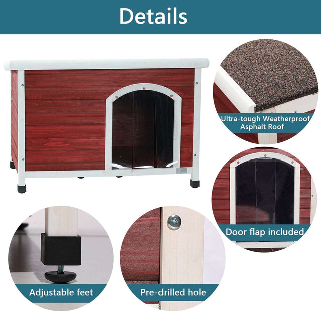 Feature layout highlights a red weatherproof dog house with asphalt roof, clear door flap, adjustable feet, and pre-drilled holes.