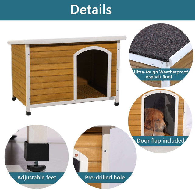 Feature layout highlights asphalt roof, clear door flap, adjustable feet, and predrilled holes on a sturdy wooden dog house.
