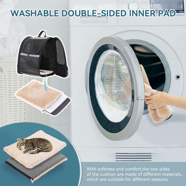 Carrier beside a front load washer with removable double sided pad, showing washable insert for seasonal comfort and use.