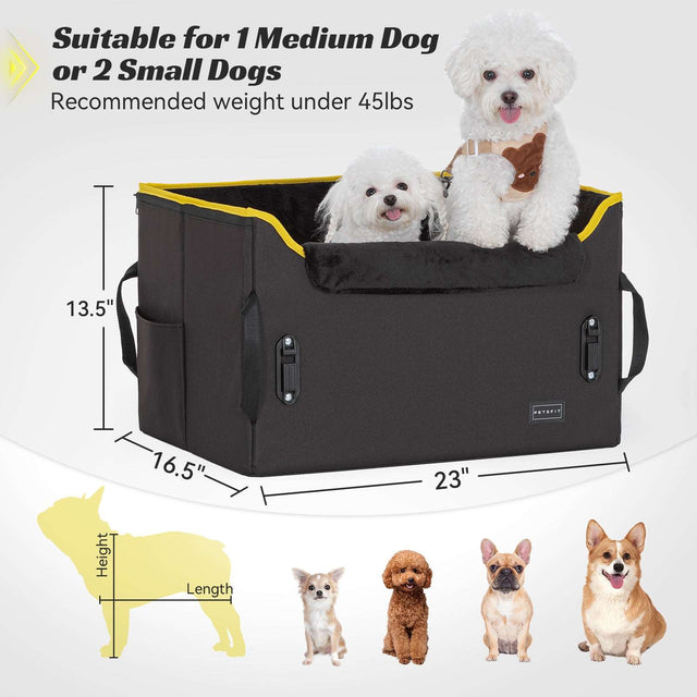 Size guide shows a black booster seat for dogs fitting one medium or two small dogs, with dimensions and weight guidance.