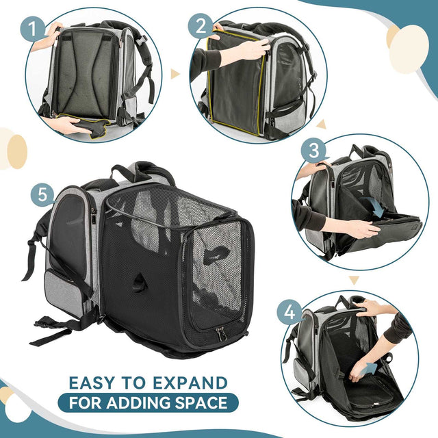 Step by step collage shows unzipping and unfolding rear mesh extension, turning compact carrier into roomy cat backpack.
