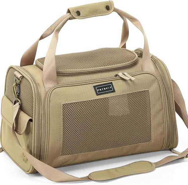 Khaki soft-sided pet carrier with mesh windows, dual top handles, and adjustable shoulder strap for comfortable daily travel.