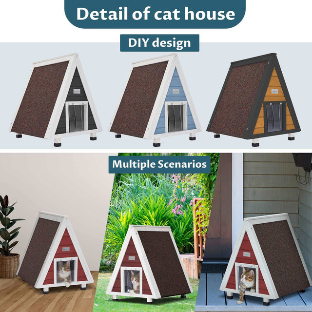 Collage shows DIY color options and multiple placement scenes for the wooden cat house, from indoor corners to garden patios.