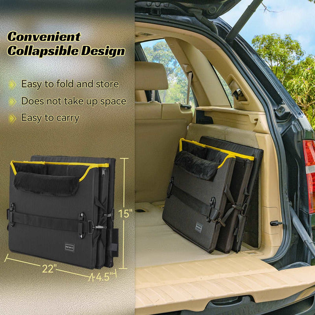 Folded dog booster seat stands compact in an SUV cargo area, highlighting collapsible storage and easy carrying.
