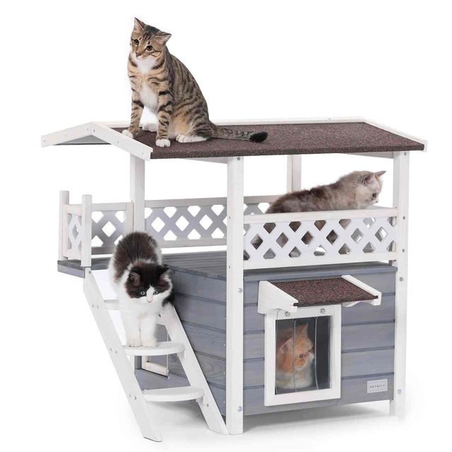 PETSFIT Outside Cat House Stair or Scratch Board 2 Story Design Perfect for Multi Cats - Pet Supplies