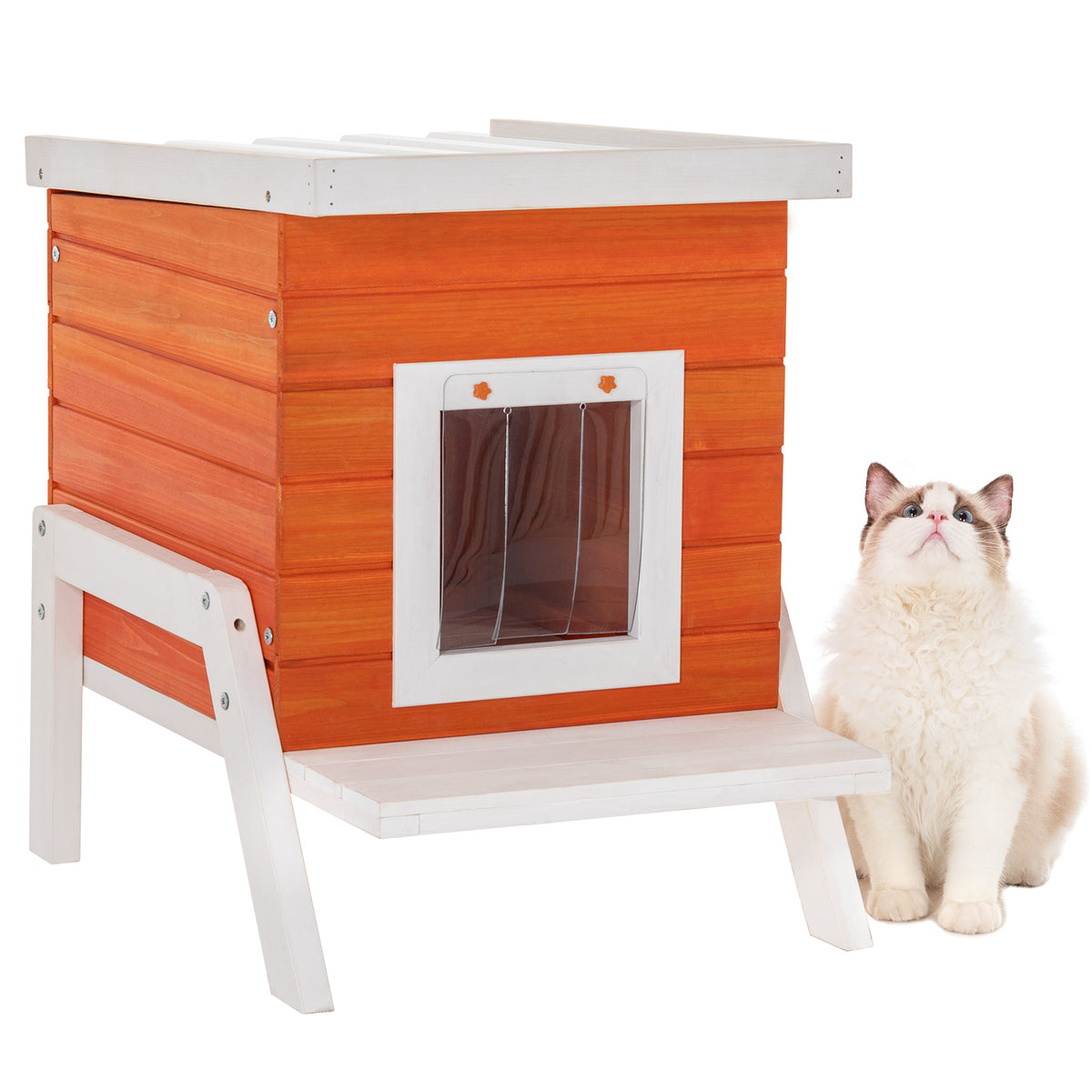 Heated Cat House Outdoor Wood Outside Rabbit Hutch Orange PETSFIT