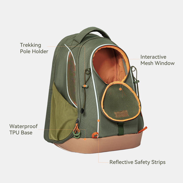 PETSFIT WILDPATH waterproof TPU base hiking backpack front view callout — Trekking Pole Holder, Interactive Mesh Window, Waterproof TPU Base, Reflective Safety Strips features labeled