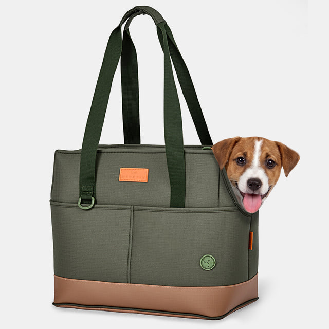 Olive green pet carrier tote with tan leather base and webbing straps, small puppy peeking out of the zippered top