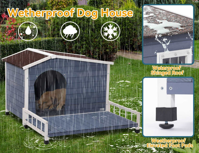 PETSFIT Weatherproof Dog House with Porch & Openable Asphalt Roof