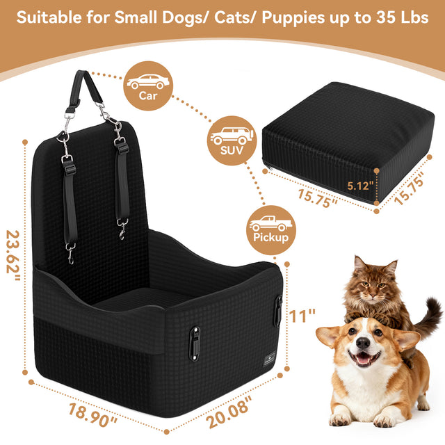 PETSFIT Memory Foam Dog Booster Car Seat size chart — 23.62x20.08x11in, fits dogs cats up to 35 lbs