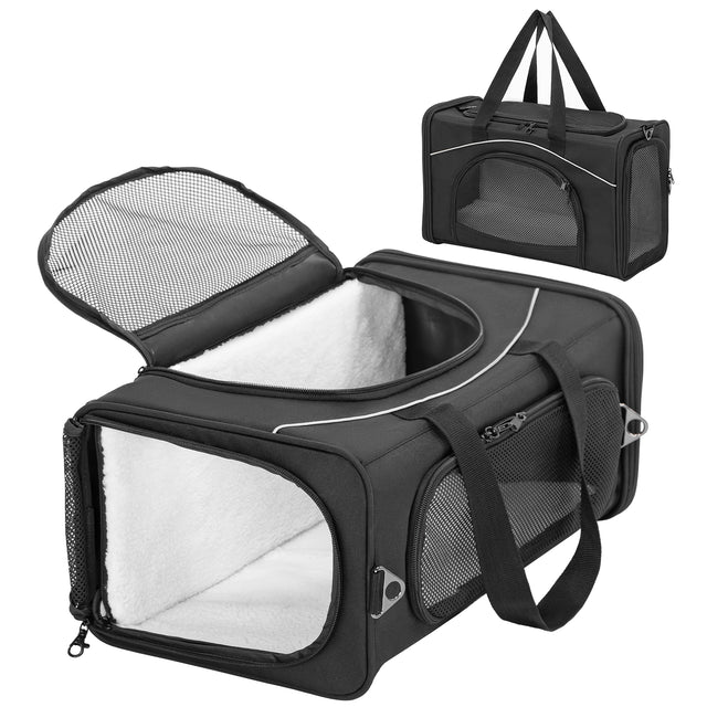 Black pet carrier shown open with top and front access, plush fleece lining, mesh vents, and inset view of closed form.
