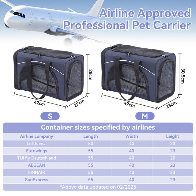 Airline approved pet carrier in S and M sizes with centimeter dimensions and airline cabin container reference chart.