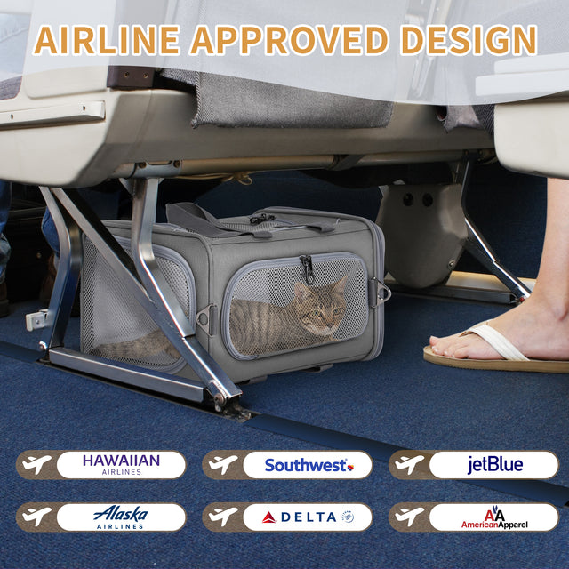 Gray cat carrier fits neatly under an airplane seat, showing in-cabin travel setup with breathable mesh sides and calm cat inside.