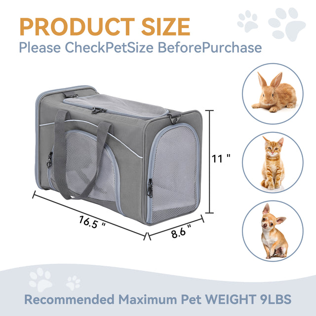 Gray cat carrier size chart showing 16.5 x 8.6 x 11 inches, suited for small pets up to 9 pounds like cats or toy dogs.