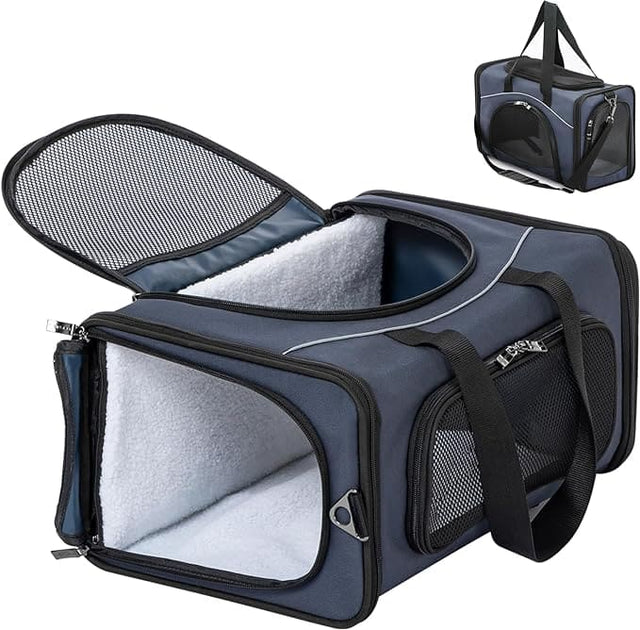 PETSFIT Airline-Approved Dog Carrier for small pets like kittens, featuring expandable space and secure self-locking zippers for maximum safety.