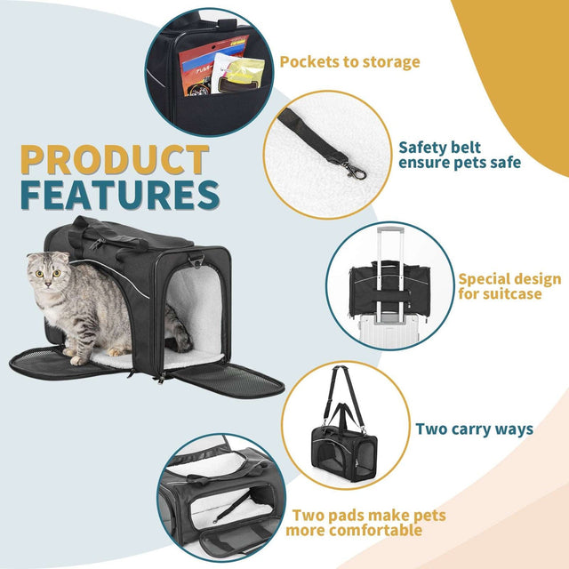 PETSFIT Airline-Approved Dog Carrier for small pets like kittens, featuring expandable space and secure self-locking zippers for maximum safety.