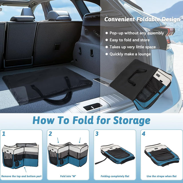 Foldable portable playpen demonstrated in an SUV trunk with step-by-step flat folding instructions for easy storage and travel.