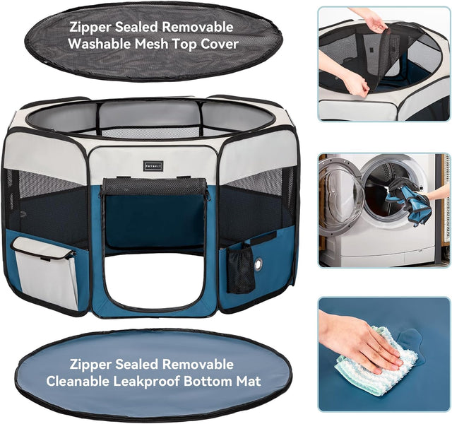 Dog playpen with removable mesh top and leakproof bottom mat, shown with hand-wash and machine-wash cleaning details.