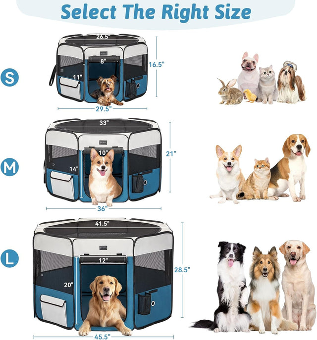 Size guide shows S, M, and L playpen options with dimensions and suggested pets from rabbits and cats to larger dogs.