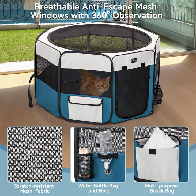 Small dog playpen in a sunroom with kitten inside, featuring 360-degree mesh panels, bottle holder, and side storage pocket.