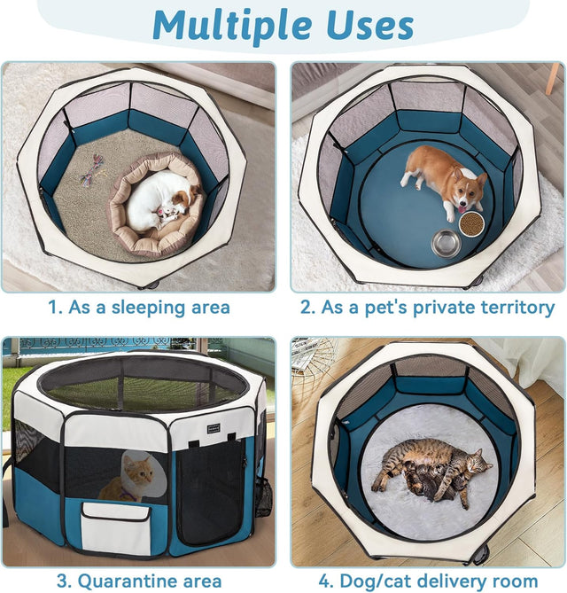 Four indoor uses shown from above: sleeping nook, private space, quarantine setup, and nesting area for mother cat and kittens.