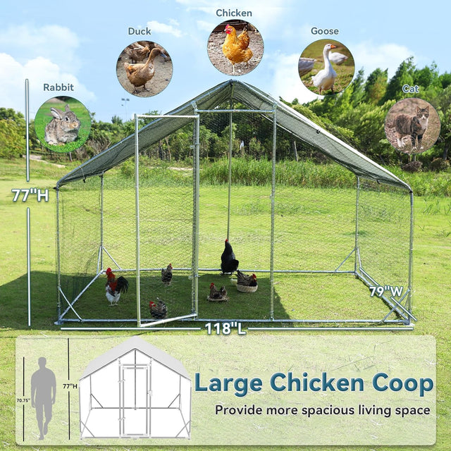 PETSFIT Large Metal Chicken Coop Walk-In with Anti-Rust Durable Steel & 420D Anti-Ultraviolet Waterproof Cover Hen House for Outdoor Farm Use-动物/宠物用品