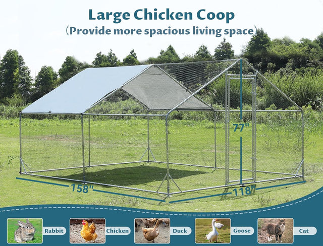PETSFIT Metal Chicken Coop with Anti-Rust Durable Steel & 420D Anti-Ultraviolet Waterproof Cover, Large Walk-in Poultry Cage Chicken Run Duck House for Outdoor Farm Use(118"x158"x76.8"-动物/宠物用品
