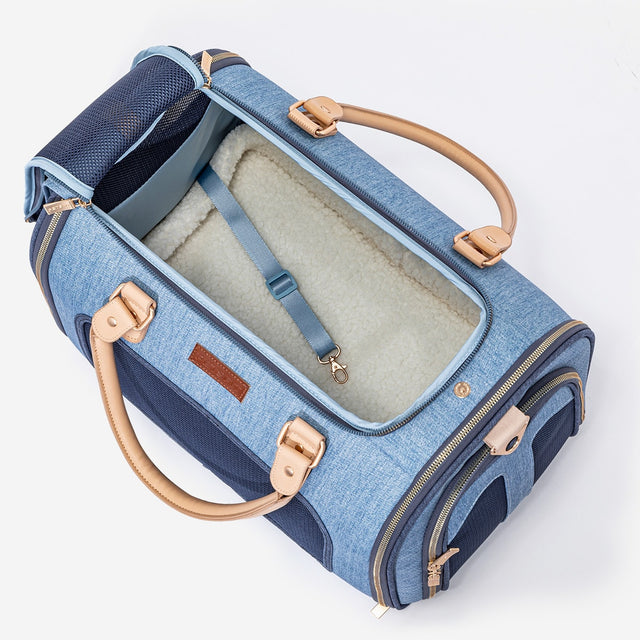 Stylish Petsfit denim pet carrier bag perfect for safely transporting your furry friend