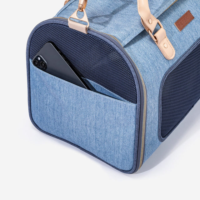 Stylish Petsfit denim pet carrier bag perfect for safely transporting your furry friend