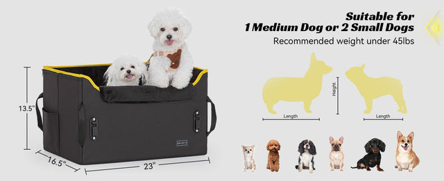 Comparison chart highlights interior room and dimensions for one medium or two small dogs in a supportive dog booster seat.