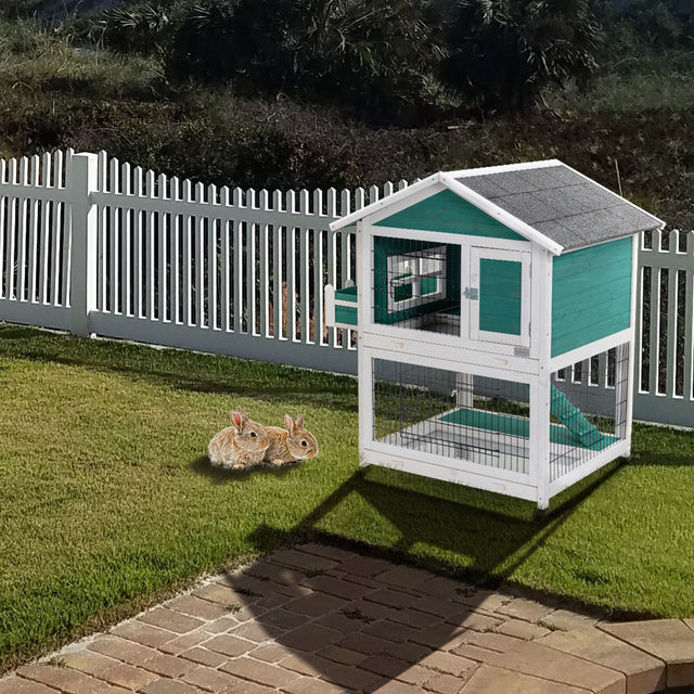 Petsfit 2 Story Rabbit Hutch with Trays Outdoor Weatherproof, Bunny Cage with Openable Roof