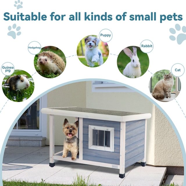 Blue-gray small dog house on a patio with a Yorkie at the entry, plus size-fit examples for puppy, rabbit, cat, and guinea pig.