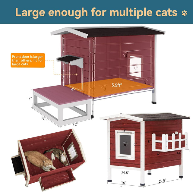 PETSFIT Feral Cat House For Sale Larger Design for 3 Adult Outdoor Cats Weatherproof-Pet Supplies