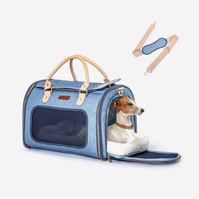 Stylish Petsfit denim pet carrier bag perfect for safely transporting your furry friend