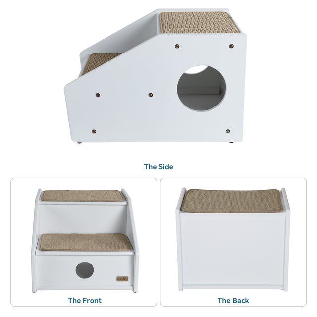 PETSFIT 2-step white wooden pet stairs three-angle view showing angled side profile with round hole, front step layout, and flat back panel with sisal mat top
