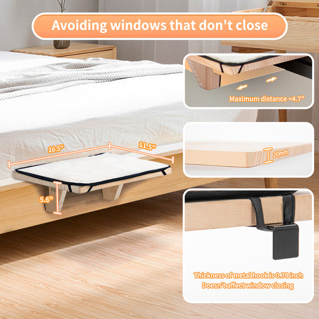 PETSFIT adjustable wooden cat window perch mounted on a bay window, showing a tabby cat relaxing on the plush removable pad. Natural sunlight highlights the sturdy metal brackets and solid beechwood frame.