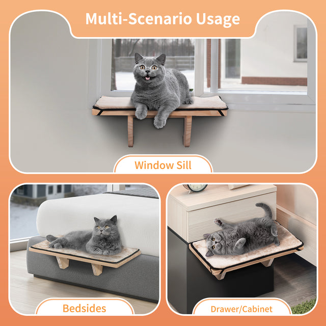 PETSFIT adjustable wooden cat window perch mounted on a bay window, showing a tabby cat relaxing on the plush removable pad. Natural sunlight highlights the sturdy metal brackets and solid beechwood frame.