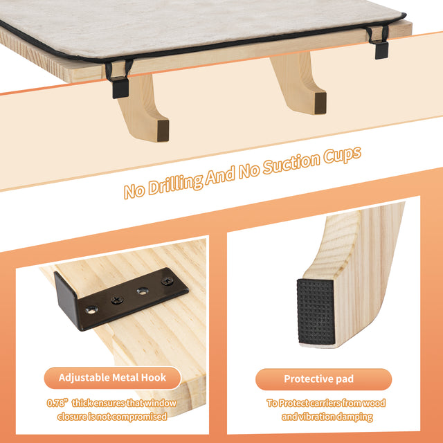 PETSFIT adjustable wooden cat window perch mounted on a bay window, showing a tabby cat relaxing on the plush removable pad. Natural sunlight highlights the sturdy metal brackets and solid beechwood frame.