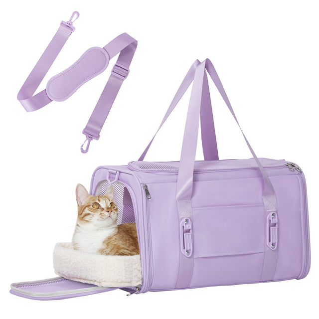 PETSFIT purple airline-approved pet carrier with cat peeking out of side opening, includes padded shoulder strap, white background