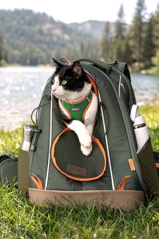 Black and white cat sitting in an olive petsfit backpack by a mountain lake, showing the front opening and outdoor use