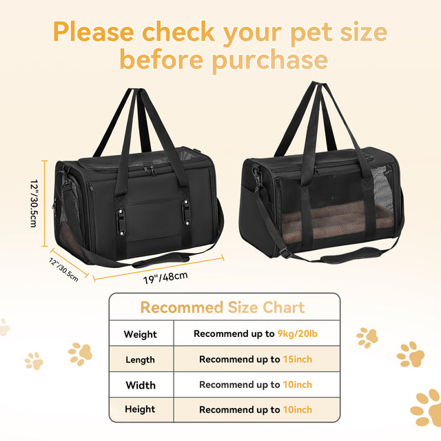 Black pet backpack size chart highlights interior limits and recommended fit for pets up to 20 lb and 15 inches long.