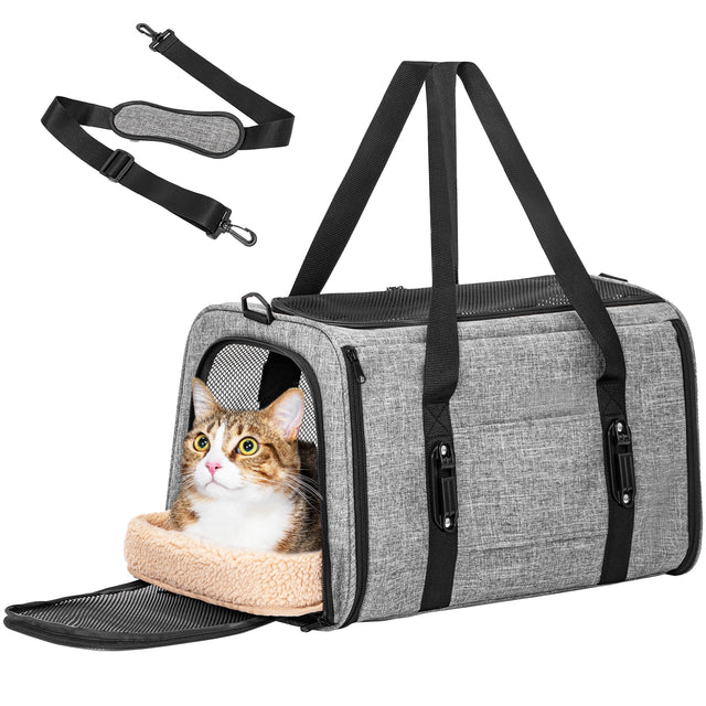 Gray cat backpack with mesh front opening and soft fleece bed cradles a tabby cat, with adjustable shoulder strap included.