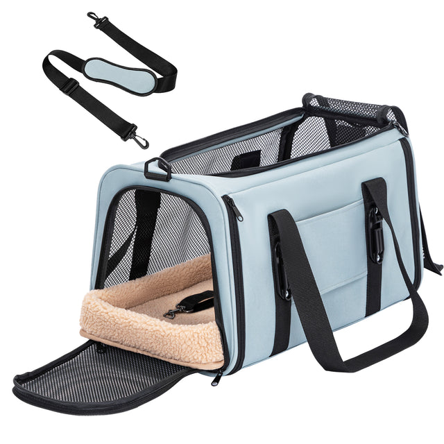 Light blue cat backpack with front entry open, plush mat, mesh panels, and detachable shoulder strap shown on white.