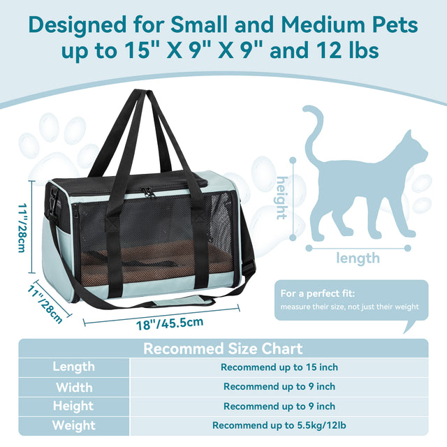 Size guide shows a soft-sided pet backpack for small to medium pets, with dimensions and fit tips up to 12 lb.