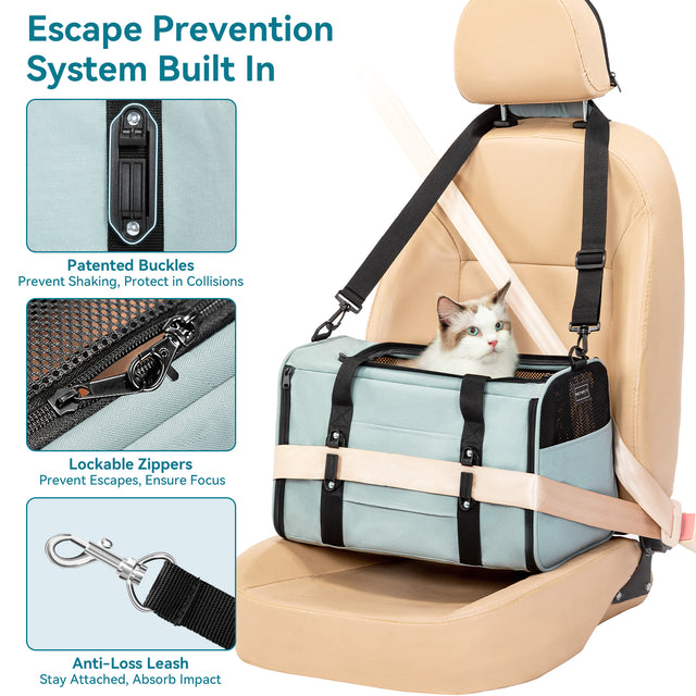 Cat carrier buckled into a car seat shows escape-prevention details: locking zippers, anti-loss leash, and stabilizing clips.