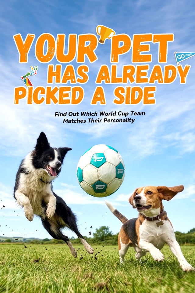 Your Pet Has Already Picked A Side — Find Out Which World Cup Team Matches Their Personality, mobile banner with Border Collie and Beagle playing football on green field