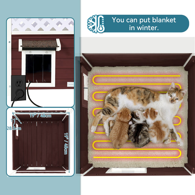 Interior view shows room for bedding or heating pad, with a mother cat and kittens resting inside the insulated-style cat house.